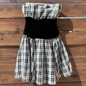 Black and White Plaid 80s Strapless Dress